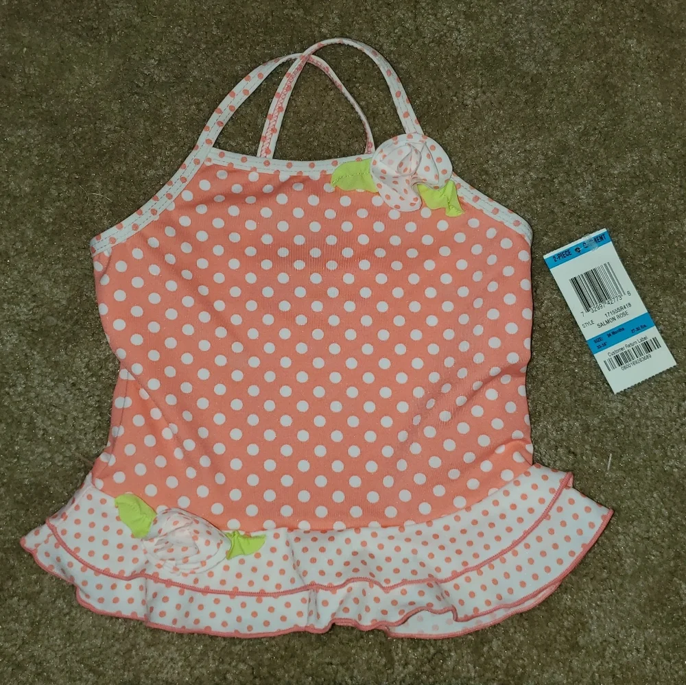 NWT GreenDog Polka Dot Tankini Swimsuit Salmon and White Sz 24 Months